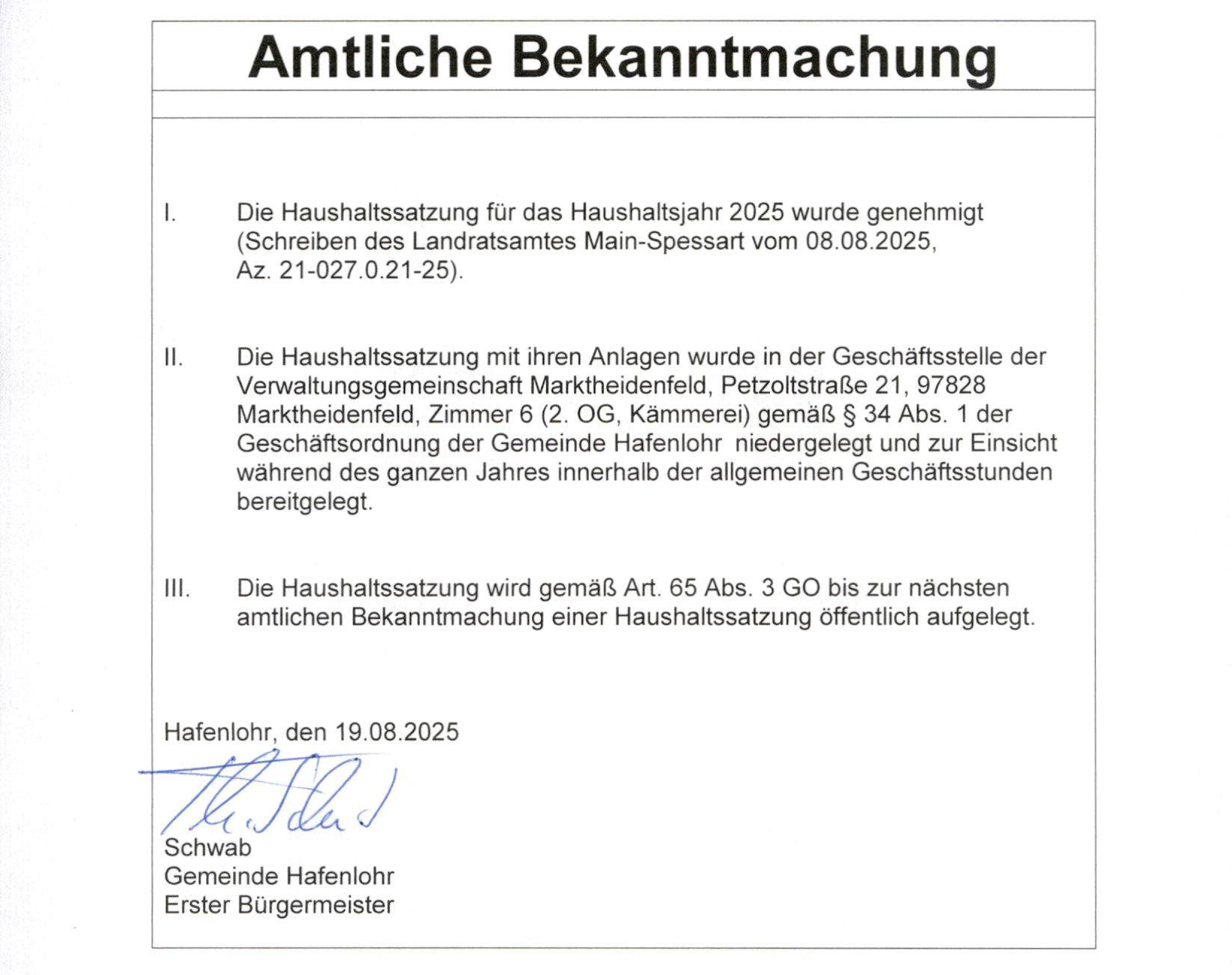 Haushaltssatzung für 2025